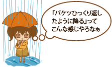 激しい雨（1時間雨量／30ミリ～50ミリ）「バケツひっくり返したように降るってこんな感じやろなぁ」