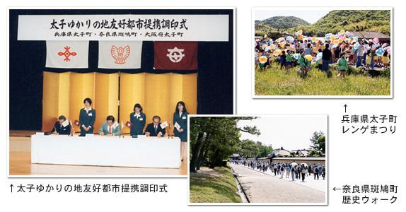 太子ゆかりの地友好都市提携調印式の写真と、兵庫県太子町レンゲまつりの写真と奈良県斑鳩町歴史ウォークの写真